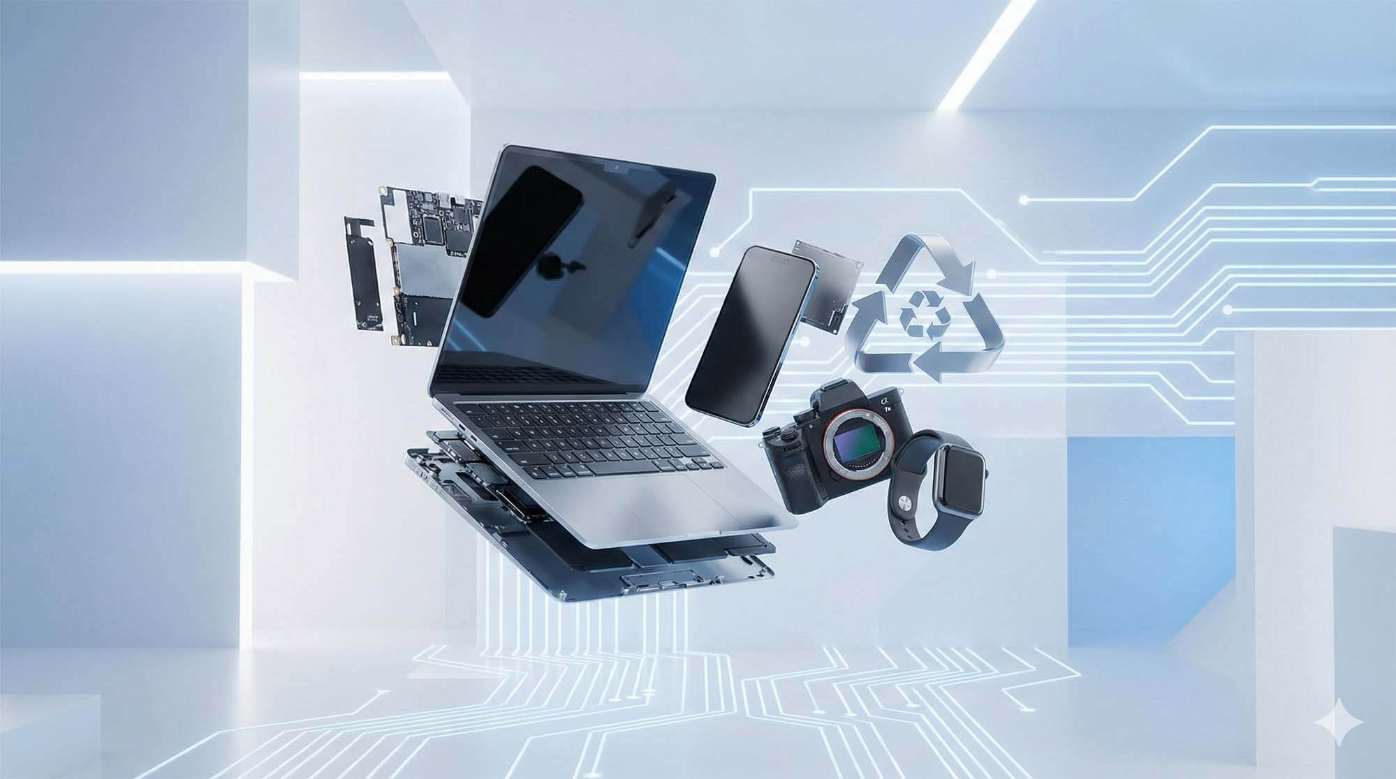 各式各樣的 3C 產品如筆電與手機懸浮在空中象徵全方位收購 / Various 3C products like laptops and phones floating in zero gravity