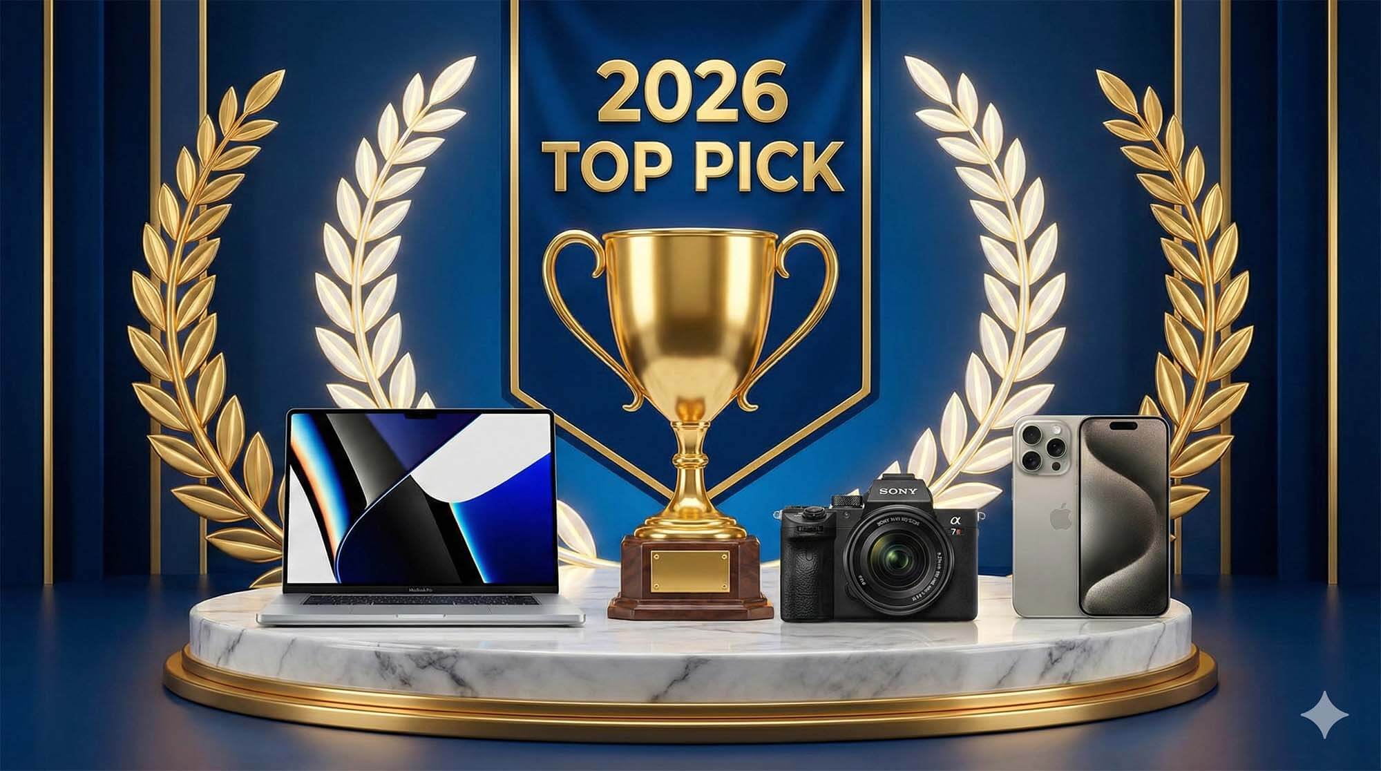 2026年度3C收購推薦排行榜，青蘋果3C獲得冠軍獎盃，周圍環繞著手機與相機。
